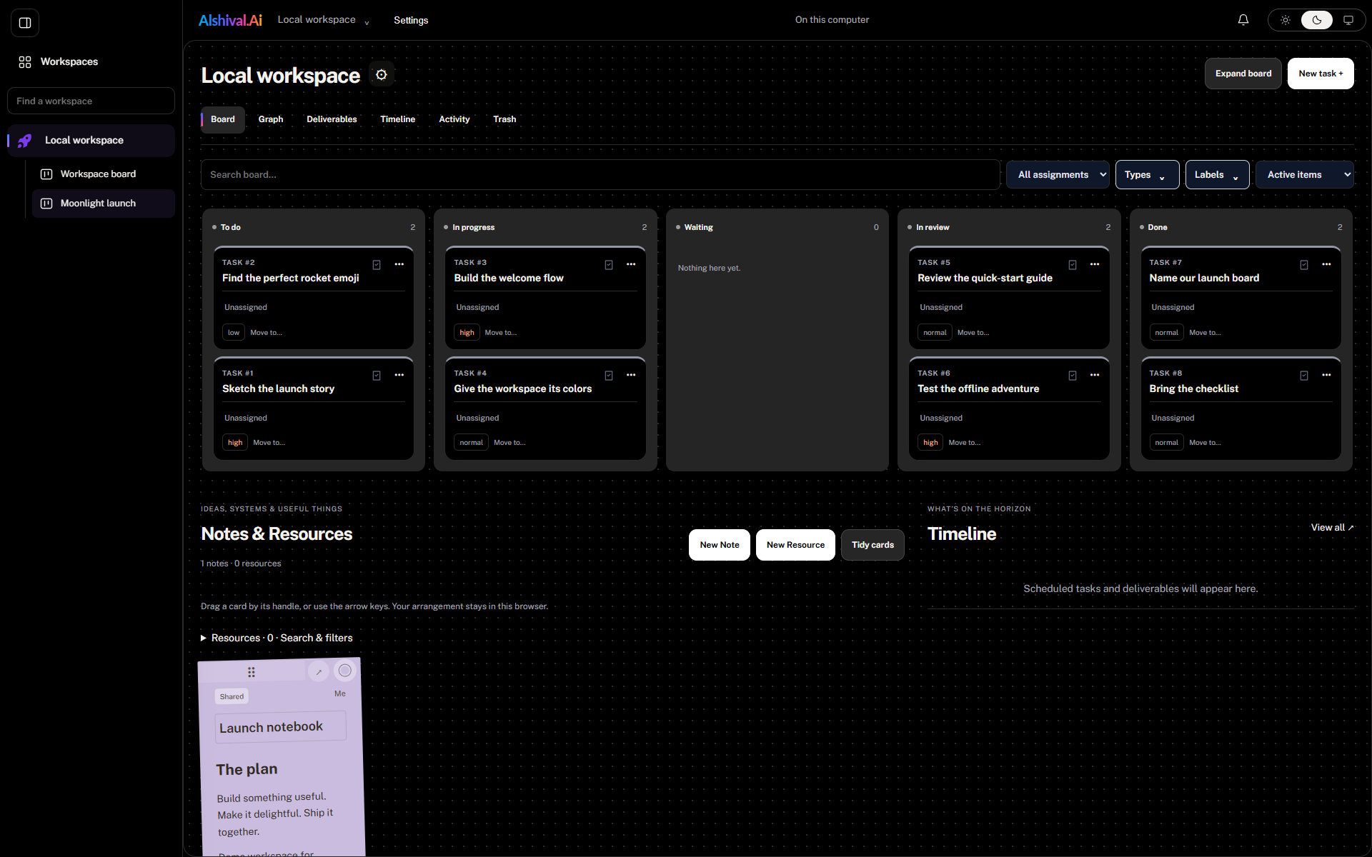 The same fictional launch board in dark mode.