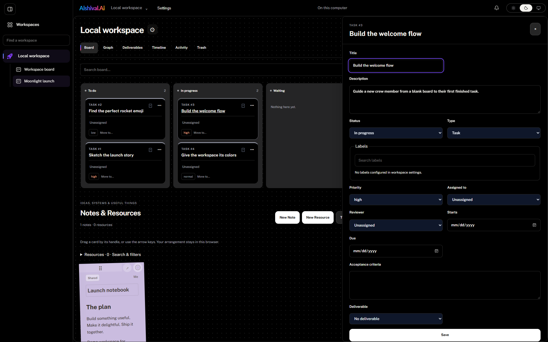 An open task detail panel for Build the welcome flow, showing its description, status, priority, and assignment fields.